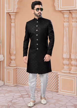 Black Readymade Embroidered Mens Sherwani Set In Jacquard