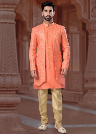 Orange Readymade Embroidered Art Silk Sherwani In Jacket Style