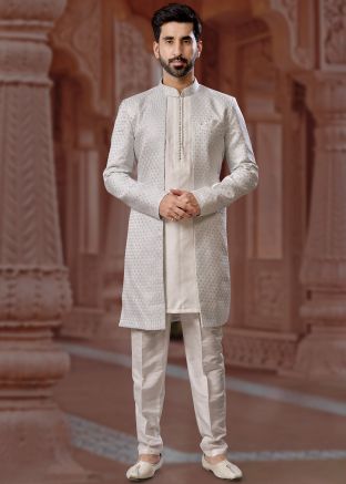 Off White Readymade Embroidered Sherwani In Jacket Style