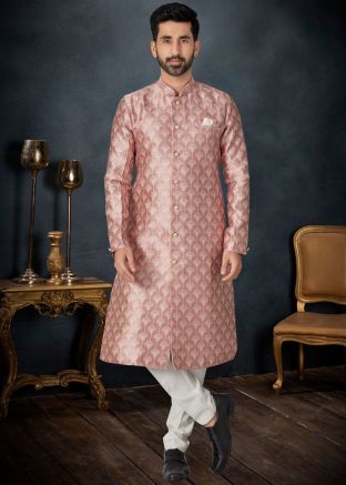 Readymade Jacquard Mens Sherwani In Mauve Peach