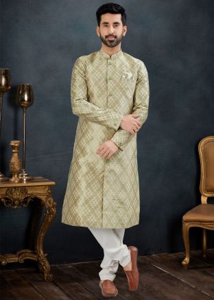Readymade Jacquard Mens Sherwani In Sage Green 