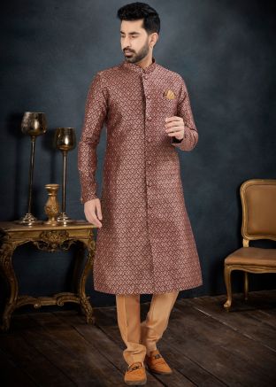 Readymade Jacquard Mens Sherwani In Maroon 