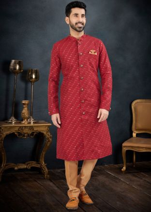 Red Readymade Jacquard Embroidered Mens Sherwani 