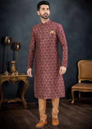 Wine Woven Readymade Mens Sherwani In Jacquard