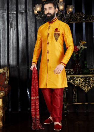 Readymade Yellow Art Silk Sherwani with Stole