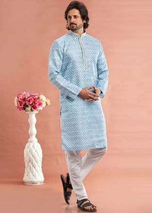 Blue Digital printed Mens Kurta Pajama
