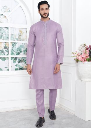 Mens Purple Embroidered Kurta Pajama Set