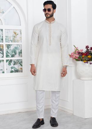 Cream Mens Embroidered Kurta With Pajama