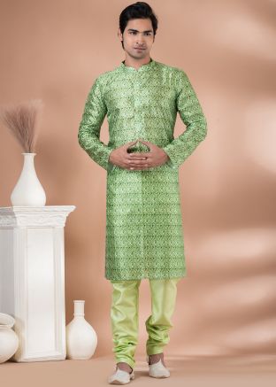 Readymade Digital Printed Cotton Kurta Pajama In Pastel Green