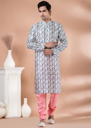 Readymade Digital Printed Cotton Mens Kurta Pajama In Multicolor
