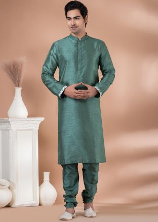 Green Readymade Dupion Silk Mens Kurta Pajama In Plain