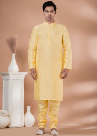 Readymade Digital Printed Cotton Kurta Pajama In Light Yellow
