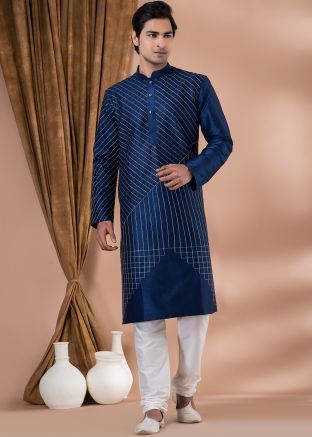 Blue Readymade Dupion Silk Kurta Pajama In Thread Embroidery