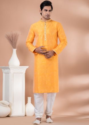 Yellow Readymade Printed Mens Kurta Pajama In Art Silk