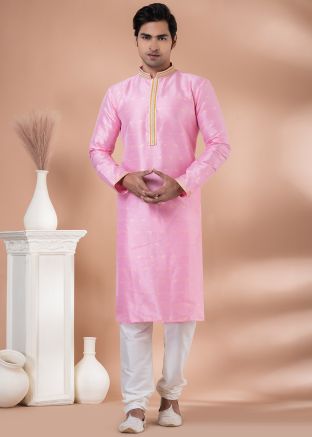 Pink Readymade Art Silk Mens Kurta Pajama In Print