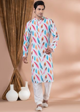 Multicolor Readymade Art Silk Mens Kurta Pajama In Digital Print