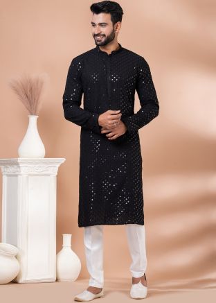Black Readymade Embellished Viscose Mens Kurta Pajama