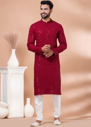 Red Readymade Embellished Viscose Mens Kurta Pajama