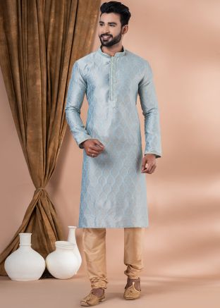 Blue Woven Kurta Pajama In Banarasi Silk