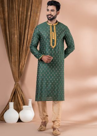 Green Woven Kurta Pajama In Cotton
