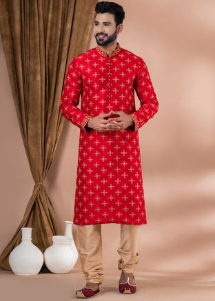 Red Embroidered Kurta Pajama In Banarasi Silk