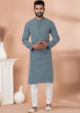 Blue Embroidered Kurta Pajama In Cotton