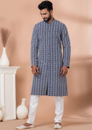Blue Embroidered Kurta Pajama In Cotton