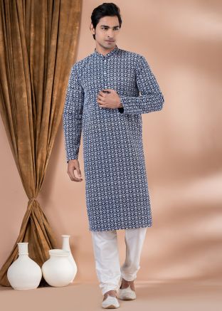Blue Embroidered Kurta Pajama In Cotton