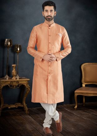Peach Woven Indo Western Sherwani