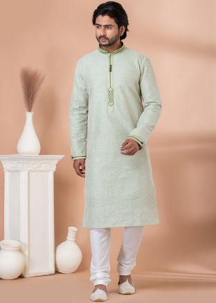Pastel Green Embroidered Mens Silk Kurta Pajama