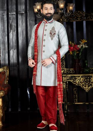 Readymade Grey Art Silk Sherwani with Stole