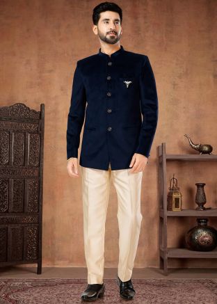 Readymade Plain Bodhgaya Jodhpuri Velvet Suit In Navy Blue