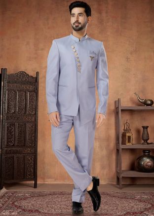 Light Blue Readymade Mens Rayon Bandhgala Jodhpuri Suit