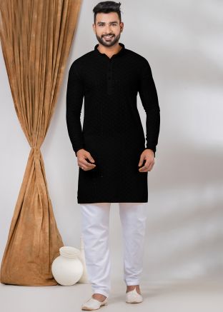 Black Readymade Embroidered Rayon Mens Kurta Pajama