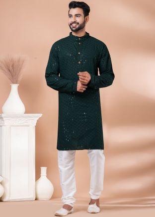 Green Readymade Embroidered  Mens Kurta Pajama In Rayon 