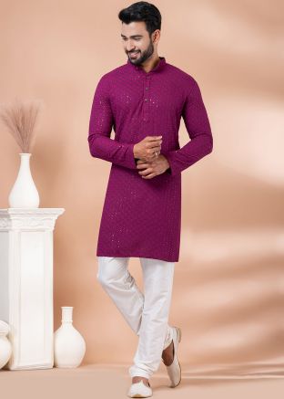 Magenta Readymade Rayon Mens Kurta Pajama In Sequins Embellishment