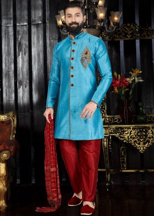 Readymade Sky Blue Art Silk Sherwani with Stole