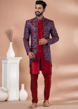 Navy Blue & Red Printed Indo Western Sherwani
