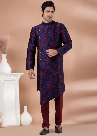 Navy Blue Woven Asymmetric Indo Western Sherwani