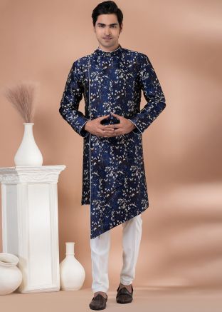 Navy Blue Woven Asymmetric Indo Western Sherwani