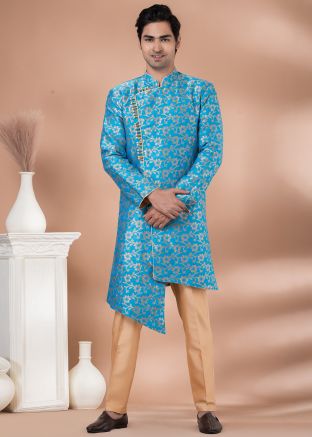 Sky Blue Woven Asymmetric Indo Western Sherwani