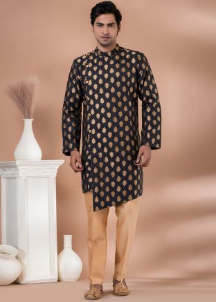 Black Woven Asymmetric Indo Western Sherwani