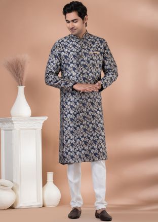 Mens Blue Woven Sherwani Set In Jacquard
