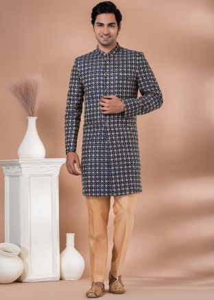 Mens Blue Embroidered Indo Western Sherwani Set
