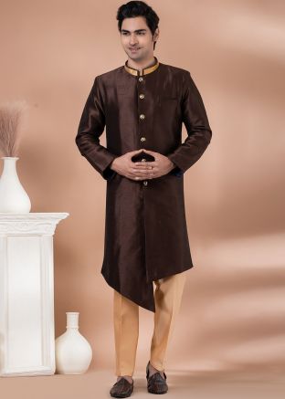 Mens Brown Asymmetric Indo Western Sherwani