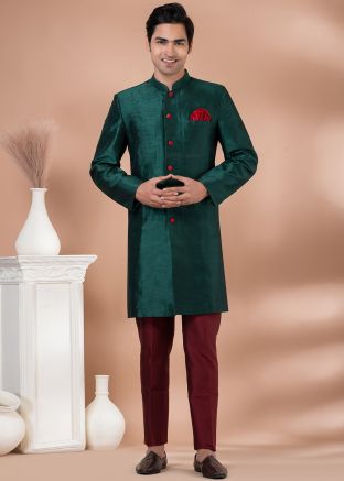 Mens Green Plain Indo Western Sherwani
