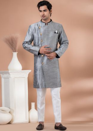 Readymade Mens Grey Plain Indo Western Sherwani