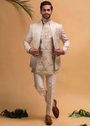 Mens Cream Embroidered Indo Western Sherwani Set