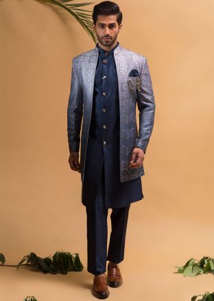 Blue Embroidered Mens Indo Western Sherwani