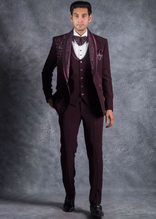 Wine Embroidered Tuxedo Set For Mens